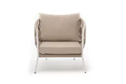 "Диего" кресло плетеное из роупа, каркас алюминий белый муар, роуп бежевый круглый, ткань бежевая 052
