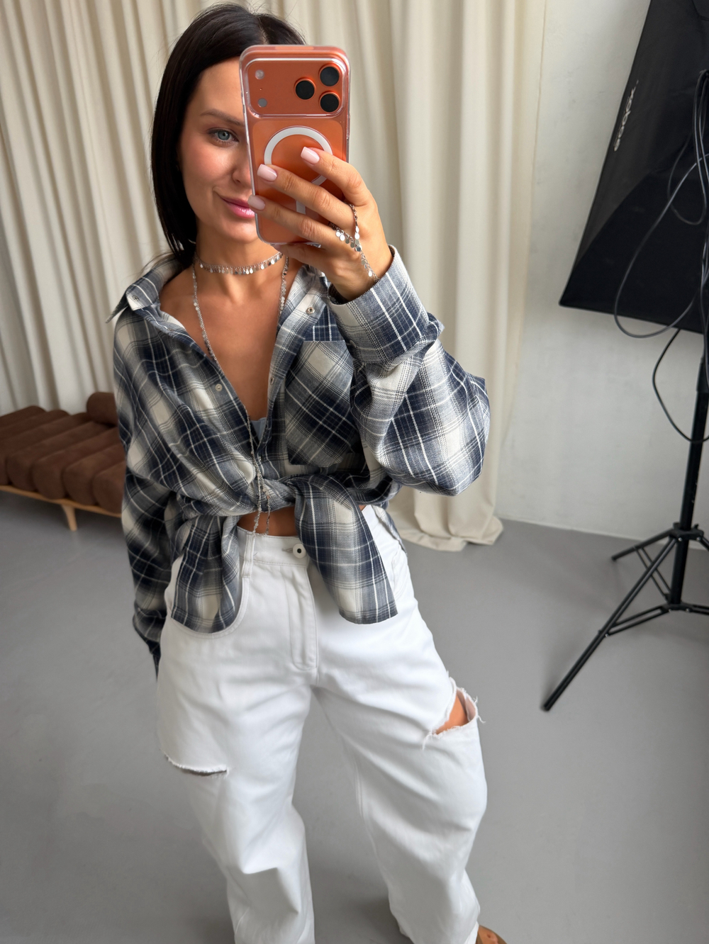 Рубашка трансформер в клетку серо-синяя