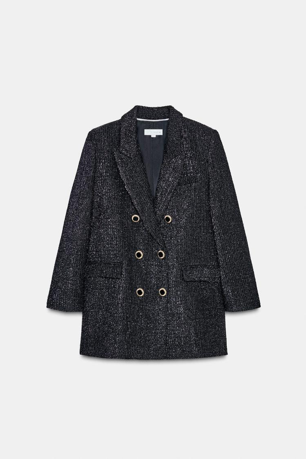 ZARA ДВУБОРТНЫЙ БЛЕЙЗЕР С МЕТАЛЛИЗИРОВАННОЙ НИТЬЮ, ЧЕРНЫЙ