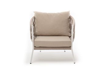 "Диего" кресло плетеное из роупа, каркас алюминий белый муар, роуп бежевый круглый, ткань бежевая 052