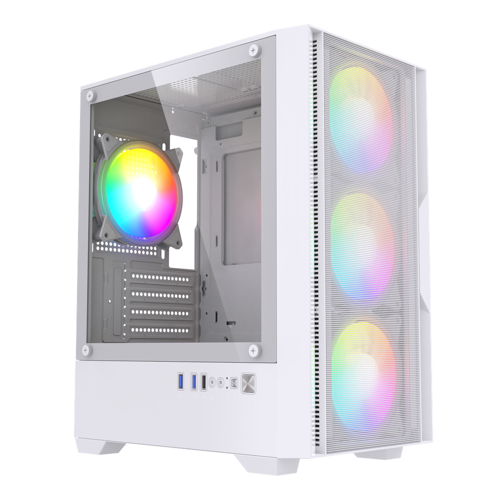 Корпус BaseTech eXtreme GFX-06, Без БП, mATX, белый, 4xFRGB FAN, 2xUSB2, 1xUSB3, бок: закалённое стекло (BT-GFX-06W-MESH-4F-RGB)