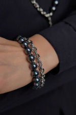 Браслет Твин 2 ряда бензинового жемчуга и цепь ролло, оттенок серебро