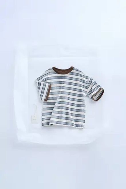ZARA ФУТБОЛКА В ПОЛОСКУ С КОНТРАСТНЫМИ КРОМКАМИ — TIMELESZ, КОРИЧНЕВЫЙ-СИНИЙ