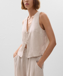 Oysho Топ с завязками из 100% льна, песочный меланж