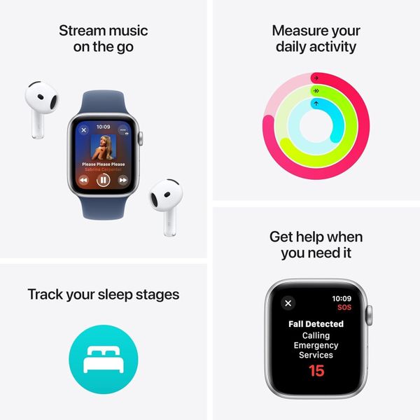 Умные часы Apple Watch SE 2024 44 мм из алюминия серебристого цвета, спортивный ремешок цвета «синий деним» (M/L)