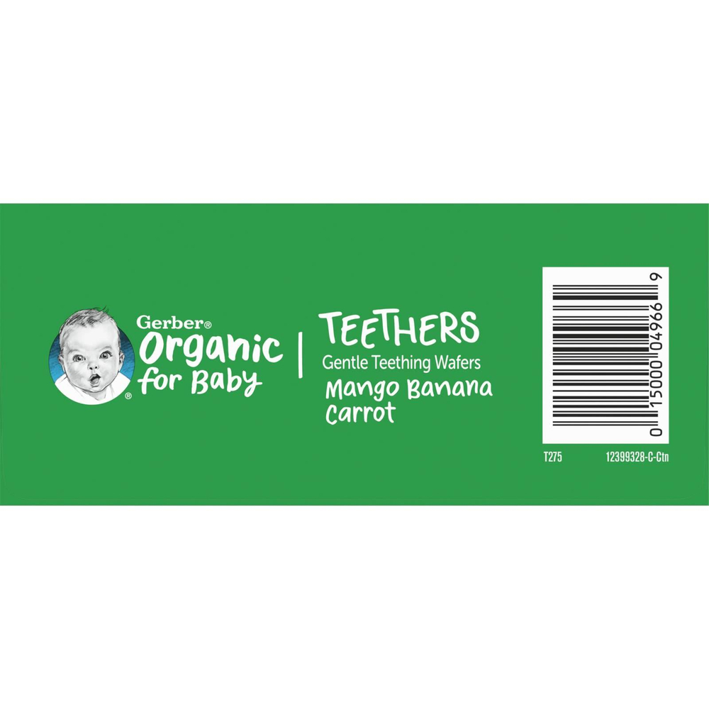 Gerber, Organic for Baby, вафли для защиты зубов, от 7 месяцев, манго, банан и морковь, 12 пакетиков по 2 шт. В индивидуальной упаковке, по 2 вафли