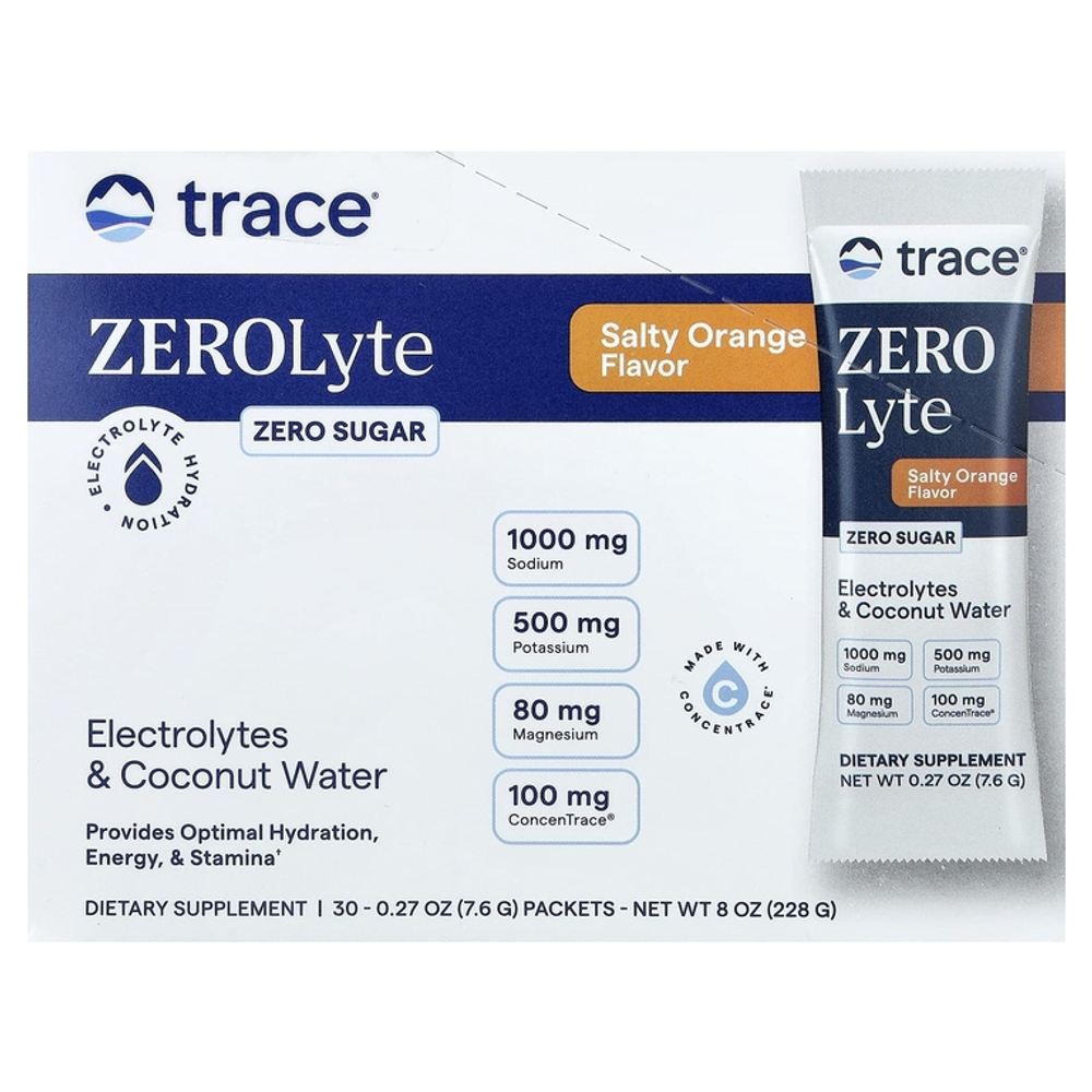 Trace, ZEROlyte, электролит и кокосовая вода, salty orange lemonade flavor, 30 пакетиков.