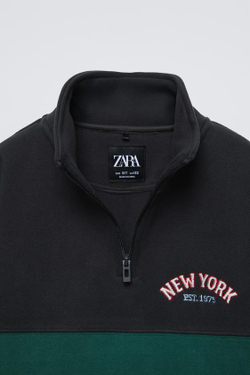 ZARA ХУДИ В СТИЛЕ КОЛОР-БЛОК ИЗ ФЛИСА, ЗЕЛЕНЫЙ/СЕРЫЙ