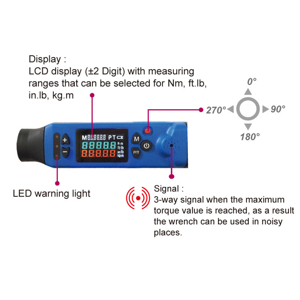 KING TONY (34467-1AG) Электронный динамометрический ключ серии "BUZZER", 1/2", 40-200 Нм, цифровой дисплей, кейс