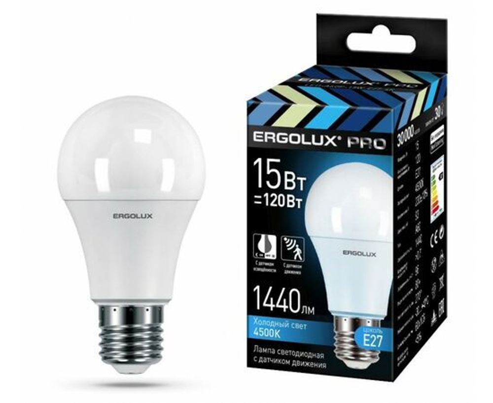 Светодиодная лампа Ergolux LED-A60P-15W-E27-4K PRO 4500К с датчиком движения