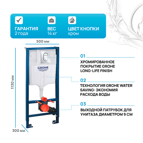 Инсталляция Grohe Rapid SL 39504000 для унитаза с клавишей смыва Хром