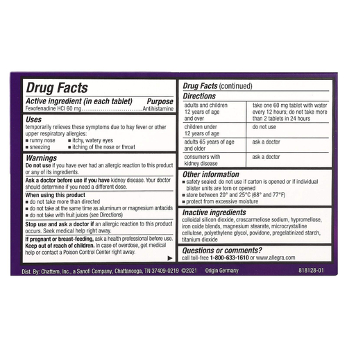 Allegra, Allergy, 12 HR, без снотворного, 60 мг, 24 таблетки