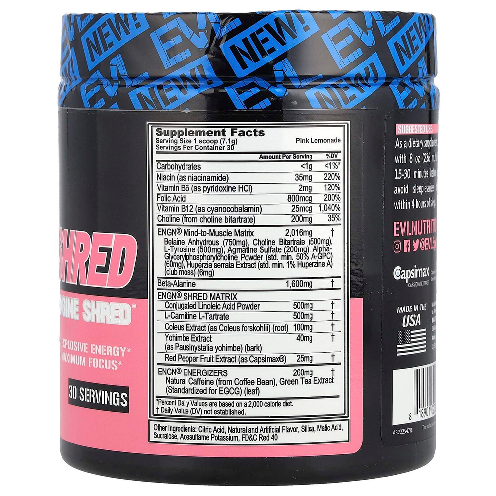 EVLution Nutrition, ENGN® Shred, предтренировочный комплекс Engine Shred®, со вкусом розового лимонада, 213 г (7,5 унции)