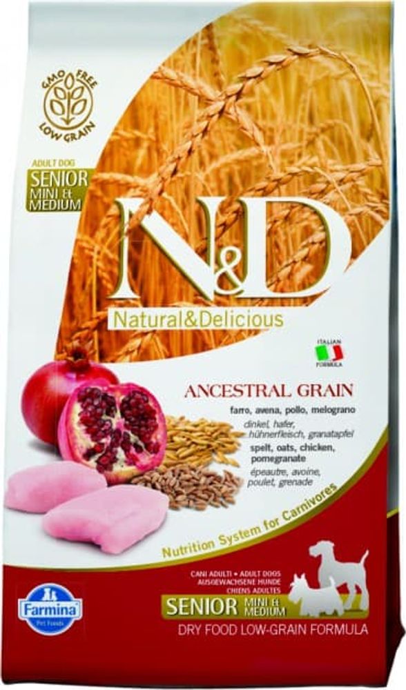 Сухой низкозерновой корм N&amp;D Low Grain для престарелых собак мелких пород с курицей и гранатом 800г