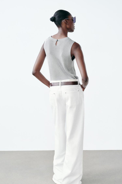 ZARA ОДНОТОННЫЙ ТРИКОТАЖНЫЙ ТОП С БЛЕСТЯЩЕЙ НИТЬЮ, СЕРЕБРИСТЫЙ