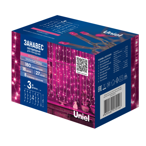 ULD-C3020-160/DTA PINK IP20 Занавес светодиодный, 3х2м. 160 светодиодов. Розовый свет. Провод прозрачный. TM Uniel