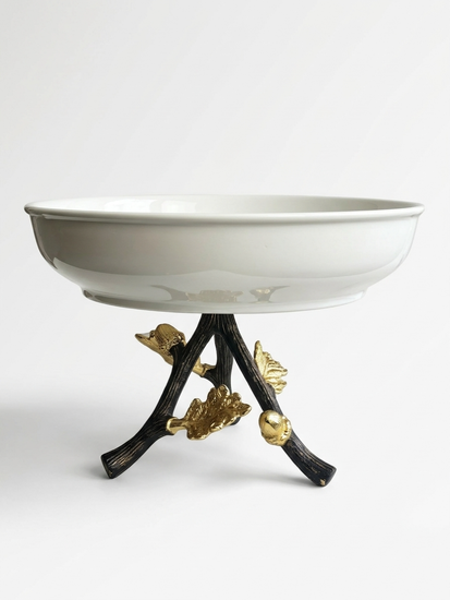 Блюдо для фруктов 25 см. из керамики на металлической ножке с декором "Желуди"