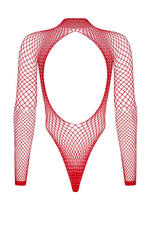 Эффектное сетчатое боди с длинным рукавом и открытой спинкой (Размер: XL-XXL) (Цвет: красный)
