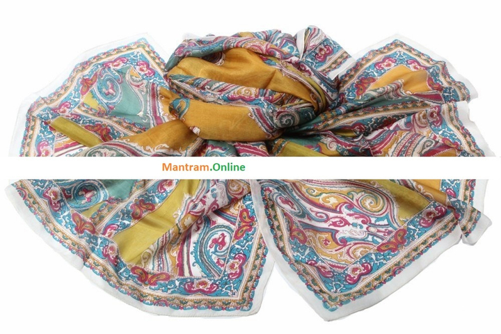 Палантин материал Шелк 100% "Цветы Огурцы" цвет бирюзово-горчичный 100x180 см.