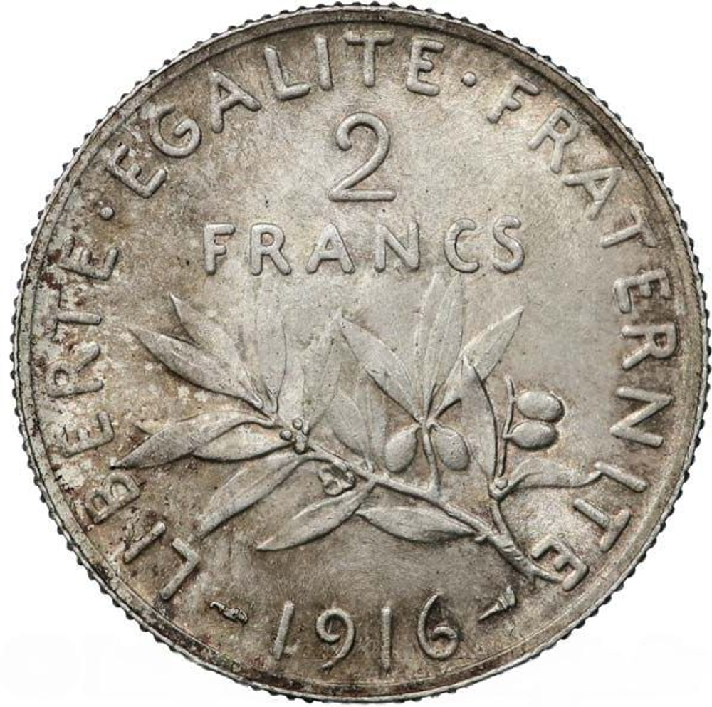 France, 2 Francs, 1916 – "La Semeuse", XF