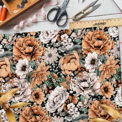 Ткань лен пышные распустившиеся цветы