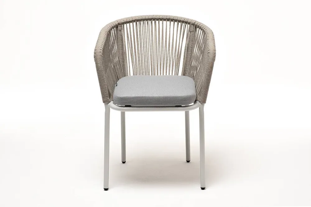 "Марсель" стул плетеный из роупа, каркас алюминий светло-серый (RAL7035) муар, роуп серый меланж круглый, ткань светло-серая