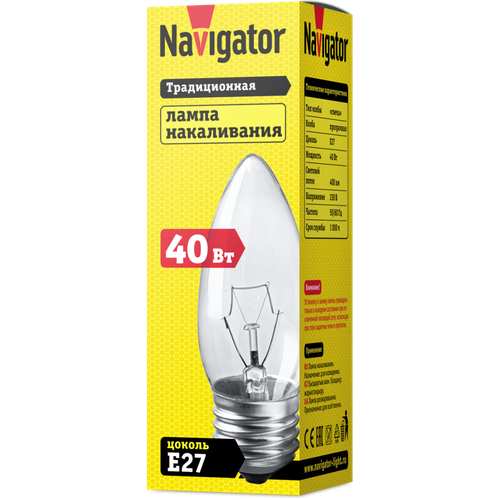 Стандартная лампа накаливания Navigator NI-B-40-230-E27-CL 40W  свеча прозрачная