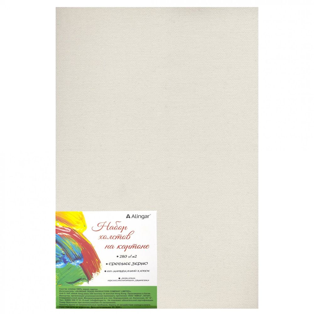Набор холстов на картоне Alingar, 2 шт 40х50 см, 280г/м2, среднее зерно, хлопок, акриловая трёхкомпонентная грунтовка, прямоугольный, индивид упаковка