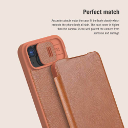 Кожаный чехол книжка коричневого цвета от Nillkin для iPhone 15, серия Qin Pro Leather с защитной шторкой для камеры