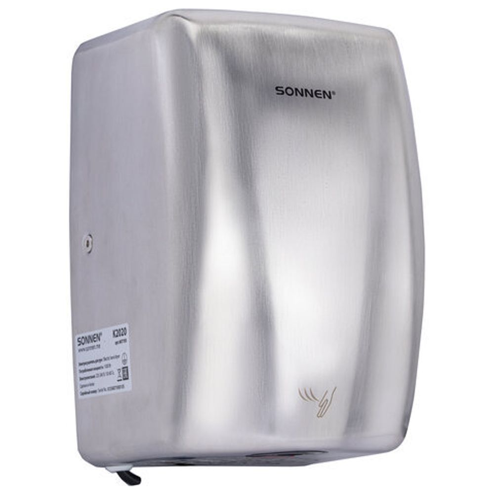 Сушилка для рук ВЫСОКОСКОРОСТНАЯ АНТИВАНДАЛЬНАЯ SONNEN K2020, 1000 Вт, 100 м/с, IPX3, 72 дБ, нержавеющая сталь, 607193