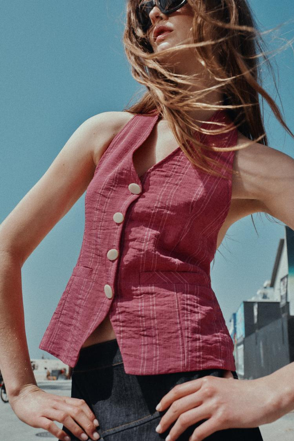 ZARA ЖИЛЕТ ХАЛТЕР В ПОЛОСКУ С ЗАВЯЗКАМИ, РОЗОВЫЙ