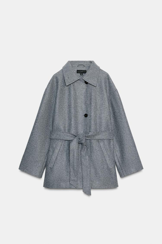 ZARA ПОЛУПАЛЬТО С ПОЯСОМ, СЕРЫЙ