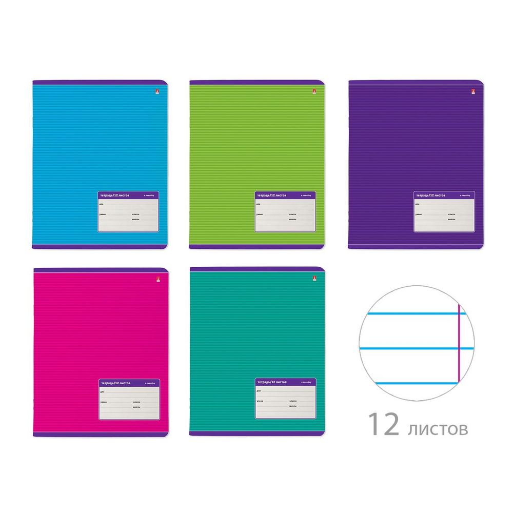 Тетрадь А5 12л. линия "Классика", 5 цв. (Альт) микс цветов (комплект 5 шт)