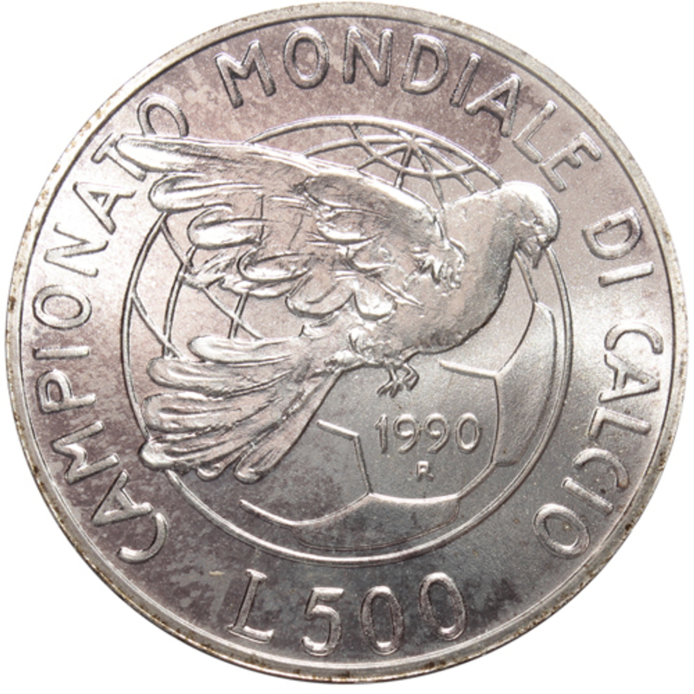 500 лир 1990 г. Италия. Чемпионат мира по футболу 1990 года. Серебро. UNC