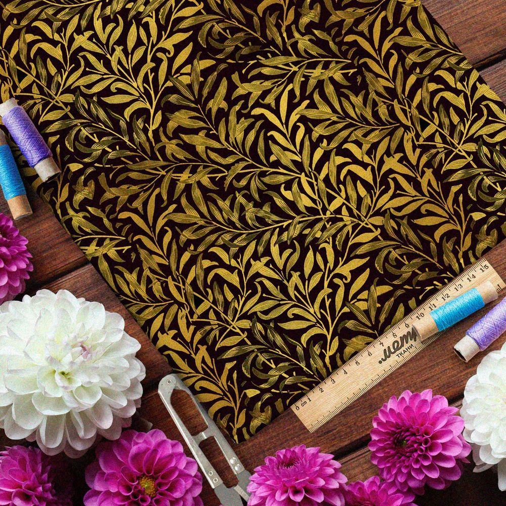 Ткань бифлекс золотые водоросли на чёрном фоне