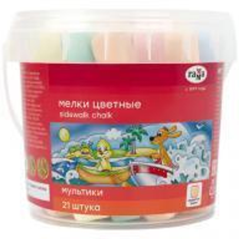 Мел для асфальта 7цв. 21шт. "Мультики" квадратные, пластиковое ведро (Гамма)