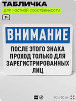Табличка для частной территории "После этого знака проход только для зарегистрированных лиц", на дом, для участка, организаций, 40х30 см, Silver Plane x Айдентика Технолоджи