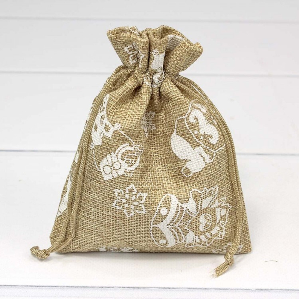 Мешочек 12 х 15 см "Новый год" с рисунком искусственный лен (коричневый)