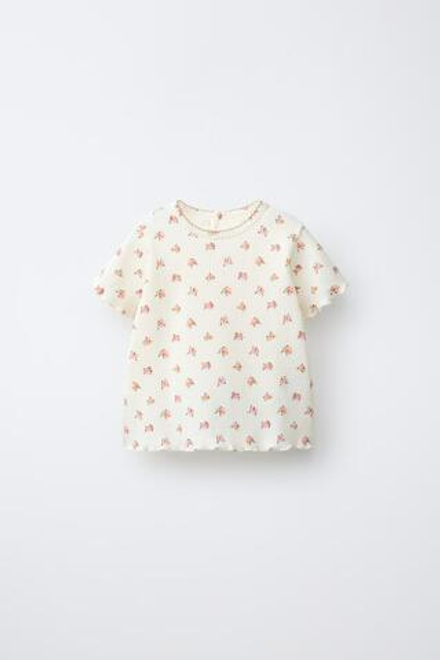 ZARA ФУТБОЛКА ВАФЕЛЬНЫЙ ЦВЕТОК, ЭКРЮ