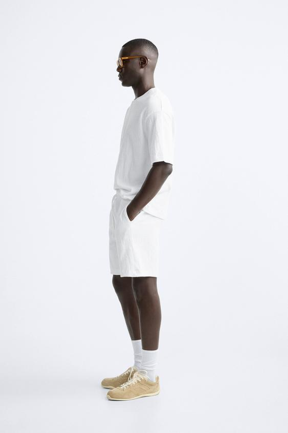 ZARA ШОРТЫ ИЗ РЕЛЬЕФНОЙ ТКАНИ, ЖЕЛТОВАТО-БЕЛЫЙ