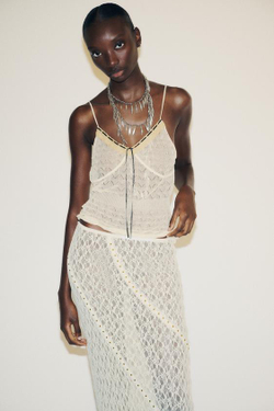 ZARA КРУЖЕВНАЯ ЮБКА МИДИ С ЗАКЛЕПКАМИ, ЭКРЮ