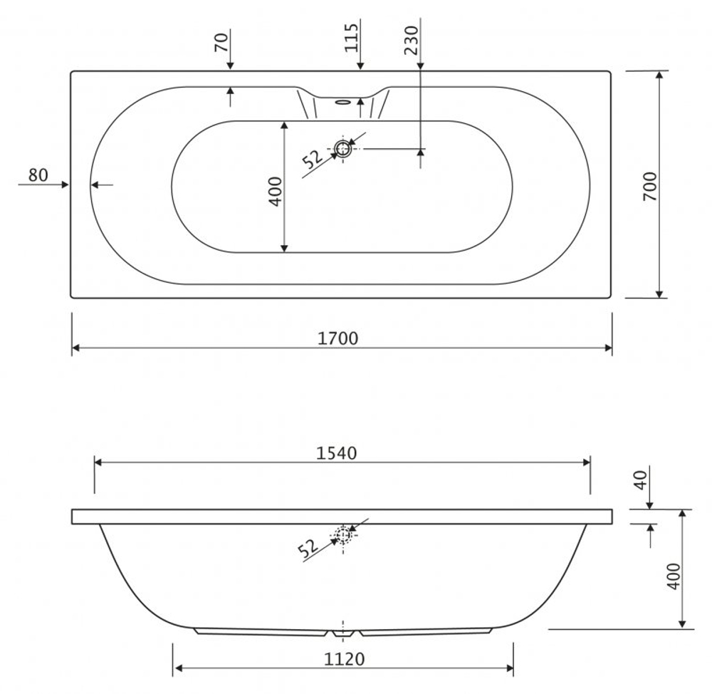 Ванна акриловая 170х70 Cezares CALISTO-170-70-45-W37