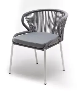 "Милан" стул плетеный из роупа, каркас алюминий белый шагрень, роуп светло-серый круглый, ткань светло-серая