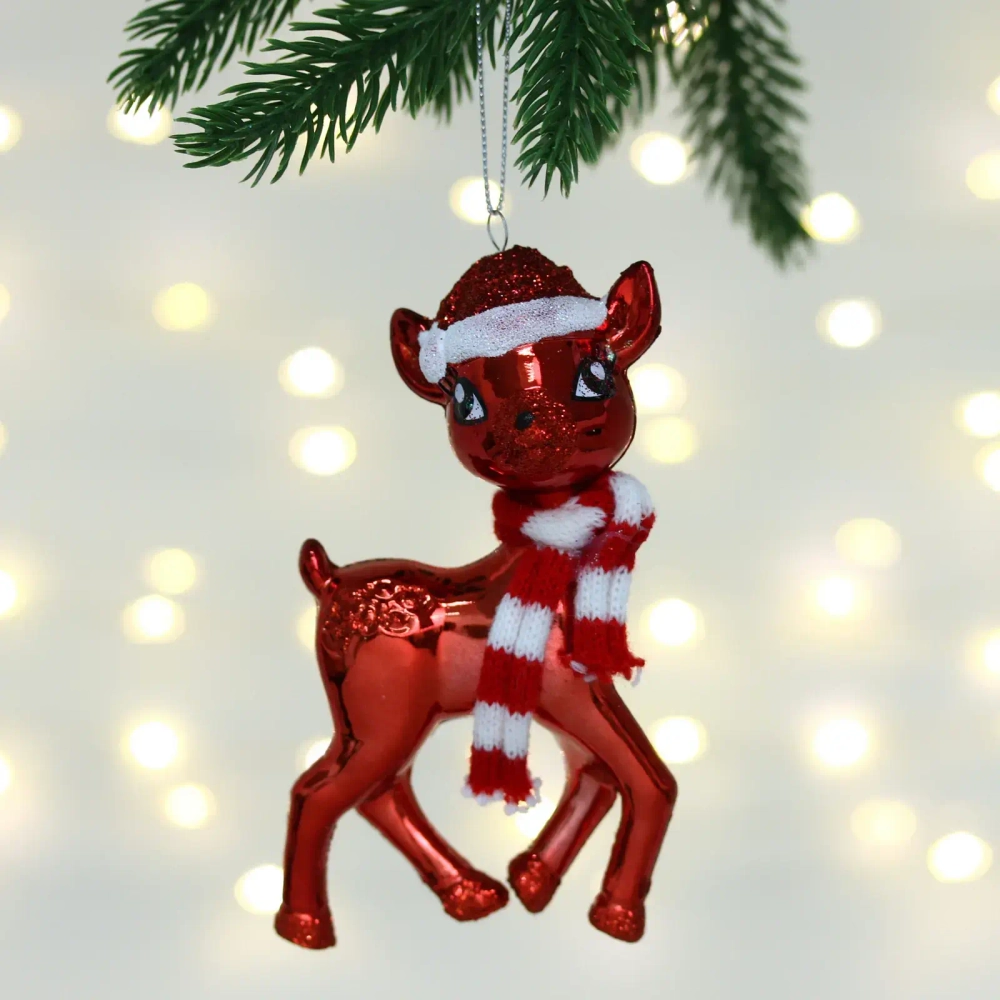 Елочная игрушка «Оленёнок в шапочке» 7*4*13 см, Красный