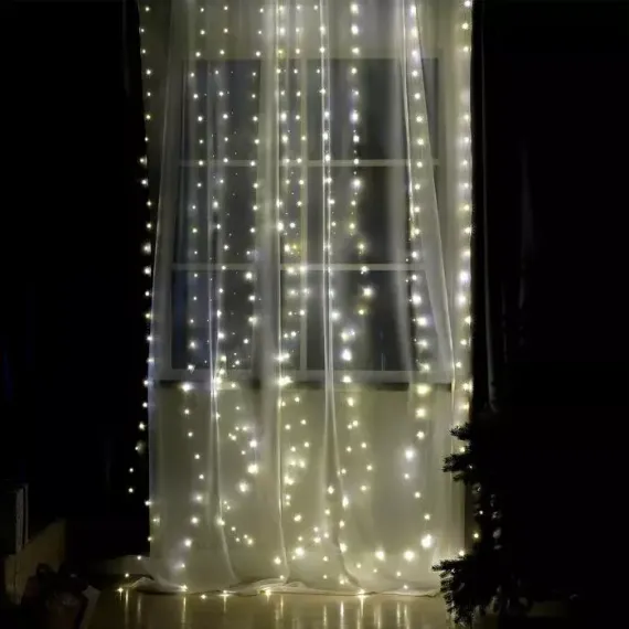 Занавес-роса 2.8×3 м. на крючках, пульт, IP20, серебристая нить, 300 теплых белых LED, 8 режимов, USB, Luazon Lighting (4814717)