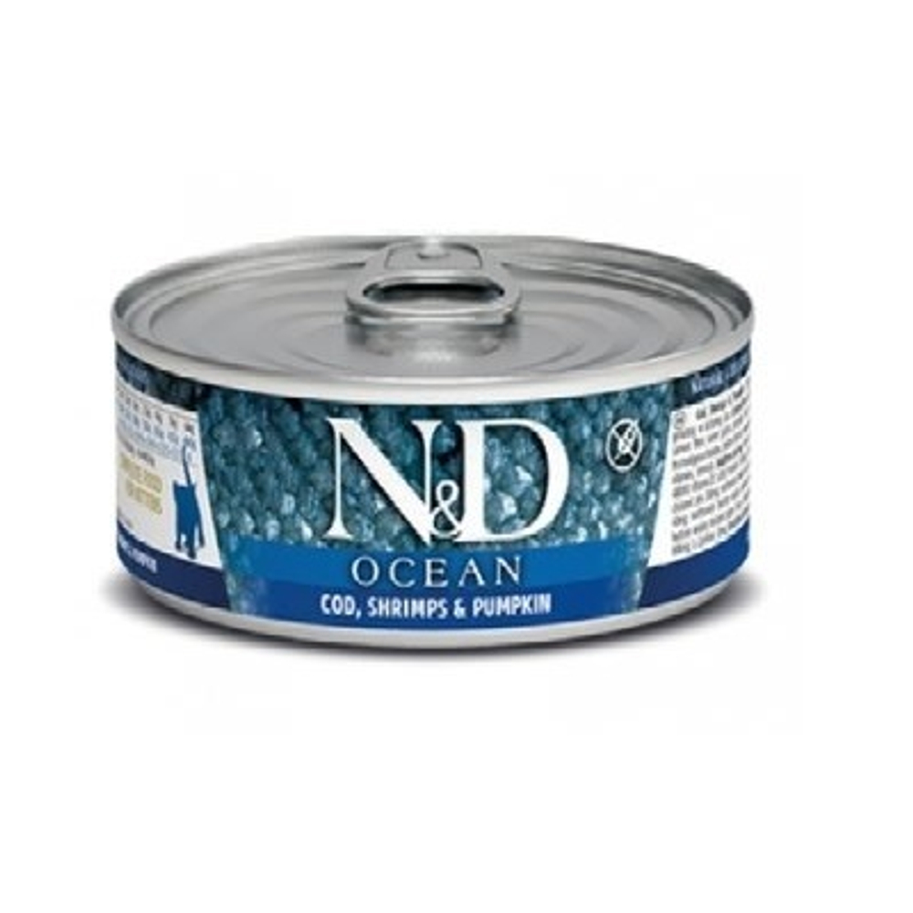 FARMINA N&D Консервы для кошек OCEAN Треска с Креветками и Тыквой, 80гр