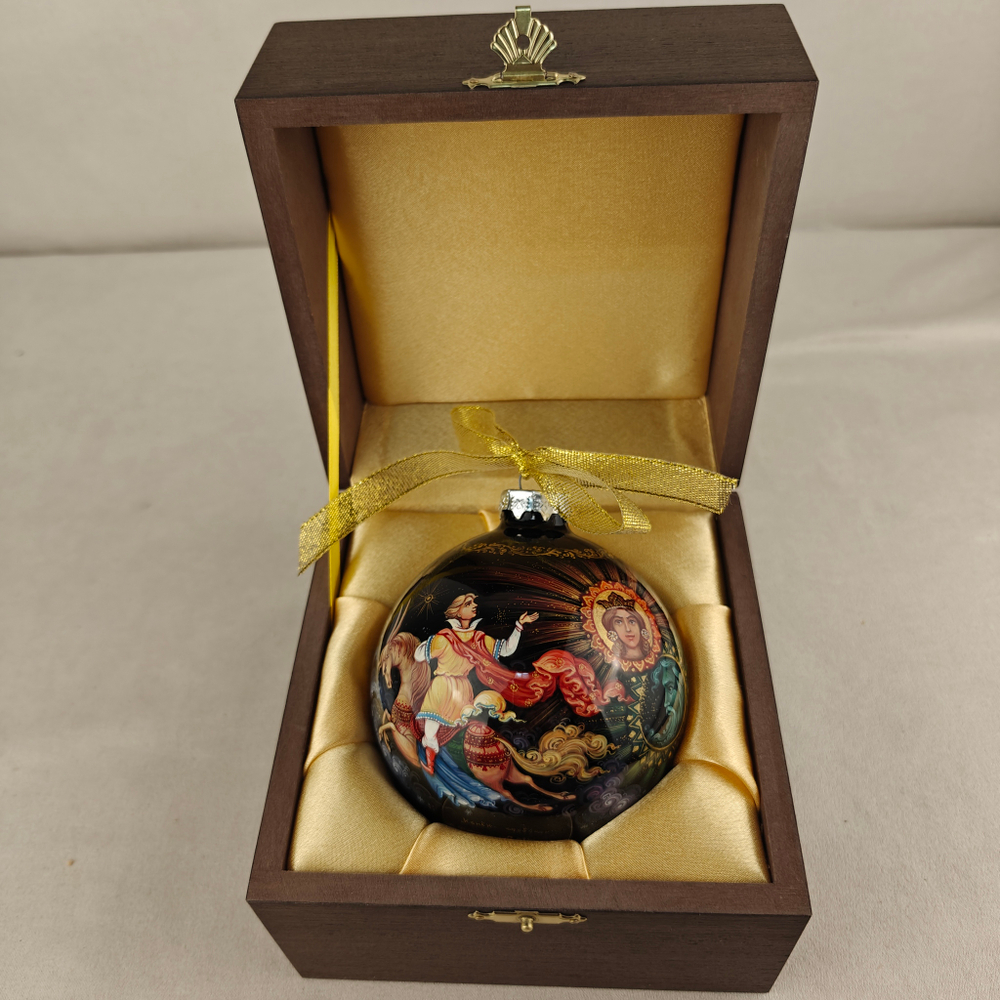 Шар новогодний с круговой росписью Палех "Конек-горбунок" в футляре