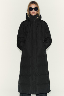 ZARA УДЛИНЕННЫЙ ПУХОВИК С КАПЮШОНОМ WATER REPELLENT WINDPROOF, ЧЕРНЫЙ