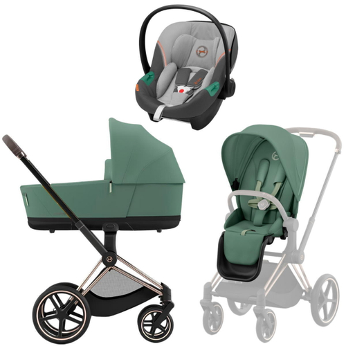 Коляска 3 в 1 Cybex Priam IV Rosegold complete и автокресло Aton S2 i-Size Lava Grey Leaf Green