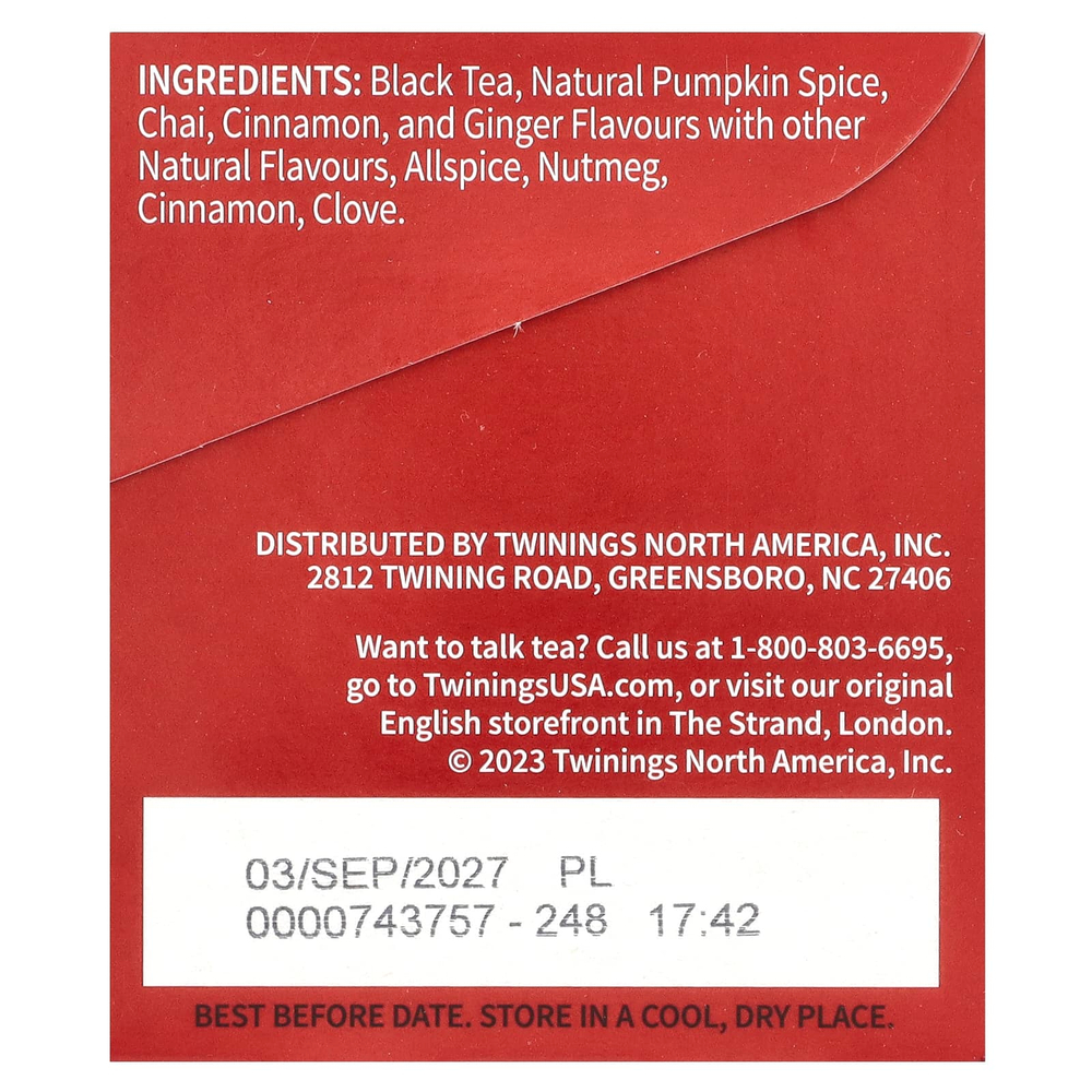 Twinings, Ароматизированный черный чай, чай, тыквенные специи, 20 чайных пакетиков, 40 г (1,41 унции)